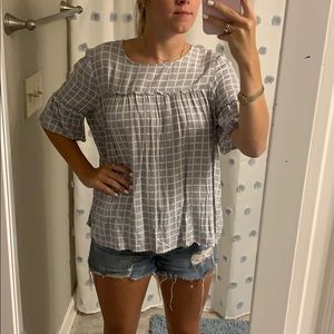 Blue and White Square Pattern Ruffle Blouse